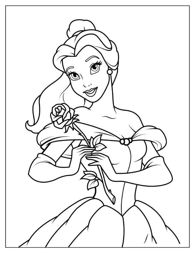 Simple Outline Of Princess Belle Holding a Rose