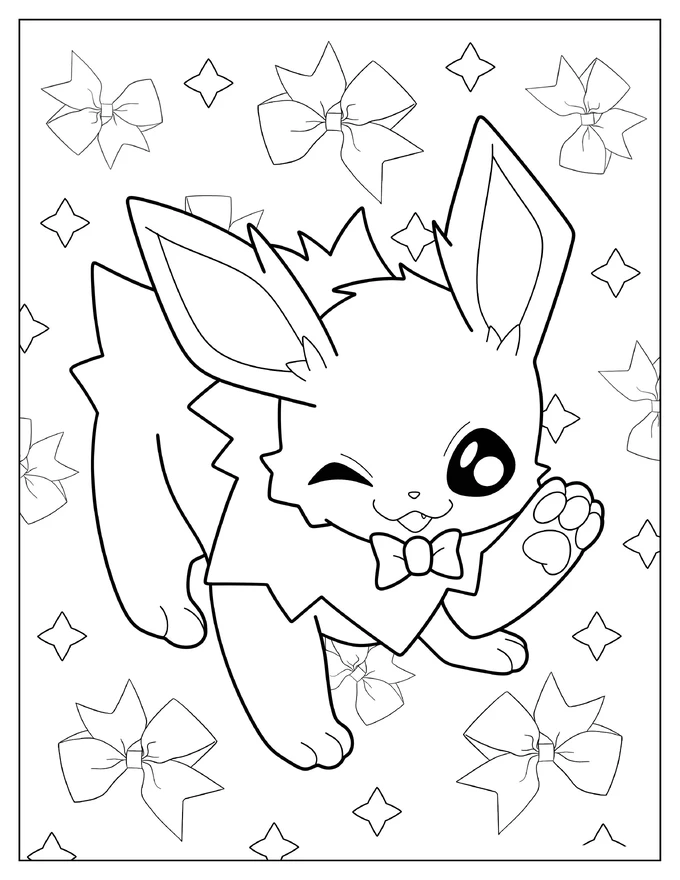 Kawaii Jolteon With Bowtie Winking Coloring Sheet For Preschoolers