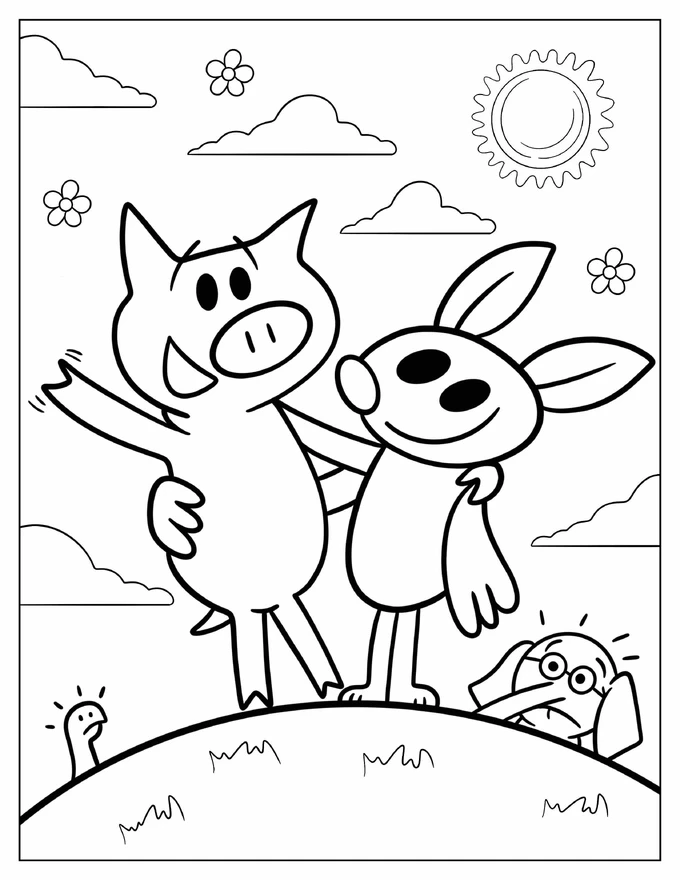 Piggie With Brian Bat Coloring Page For Kids