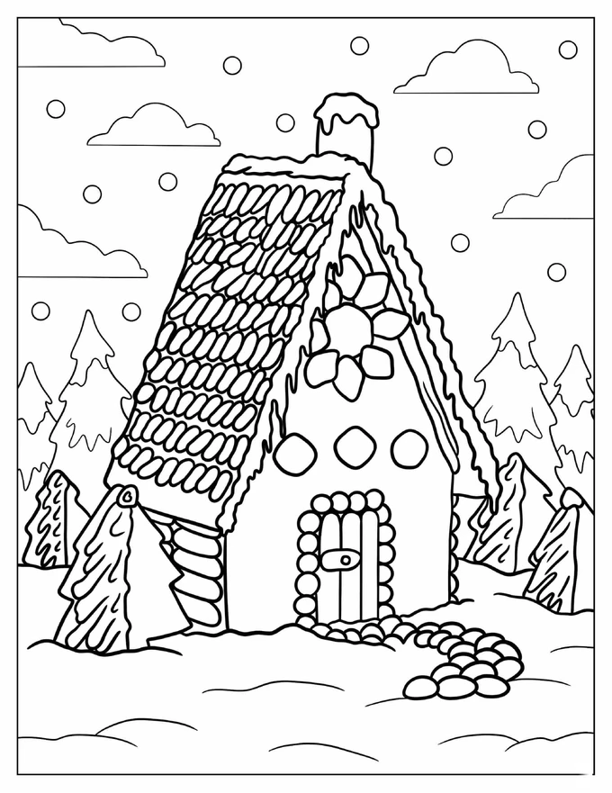 Gingerbread House In a Forest To Color