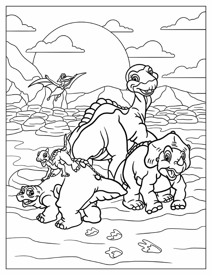 Land Before Time Cera, Littlefoot, Spike, Petrie, And Ducky On Rocky Terrain