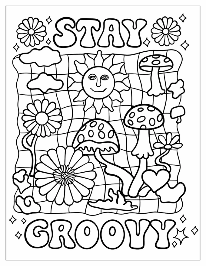 Floral Stay Groovy Hippie Coloring Sheet For Kids