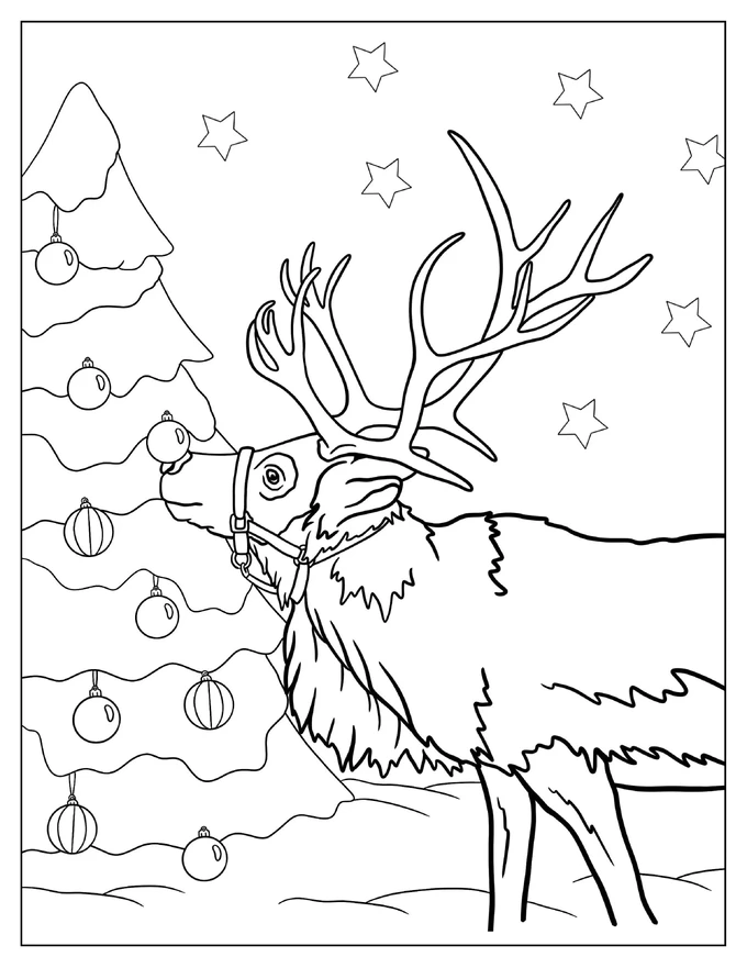 Adult Reindeer Next To Christmas Tree