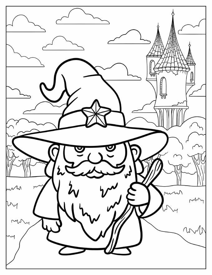 Chibi Cartoon Wizard On The Road Coloring Page