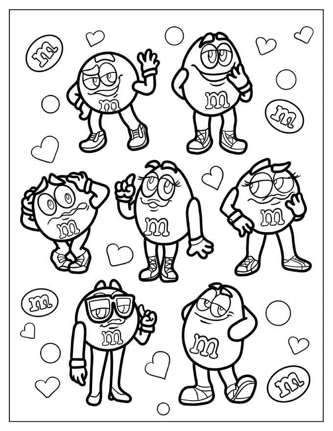 Red, Yellow, Orange, Purple, And Green M&Ms Coloring Page