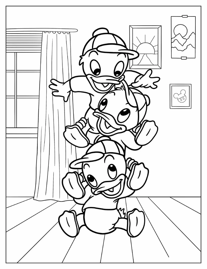 Dewey, Louie, And Huey Playing Coloring Page For Kids