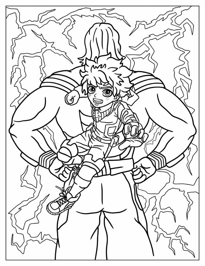 Izuku Midoriya In Front Of Muscular Deku Coloring Sheet