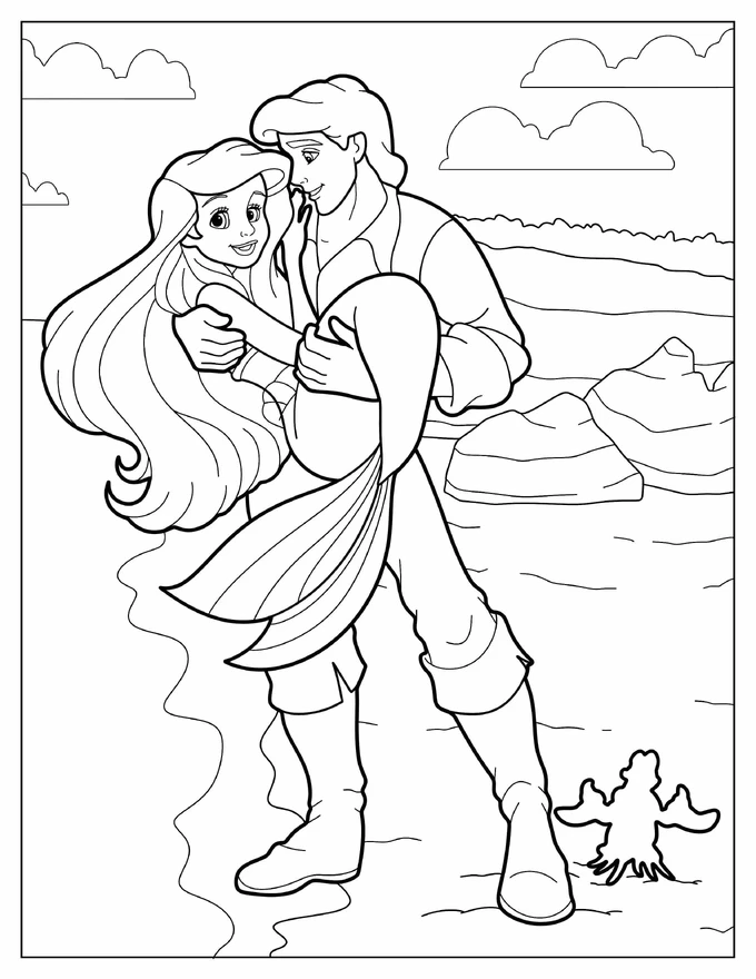 Prince Eric Carrying Mermaid Ariel Coloring Page