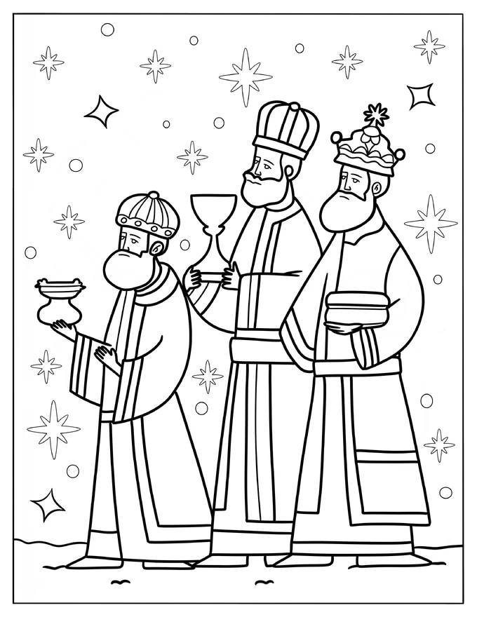 Three Kings Carrying Gifts For Jesus Coloring Sheet