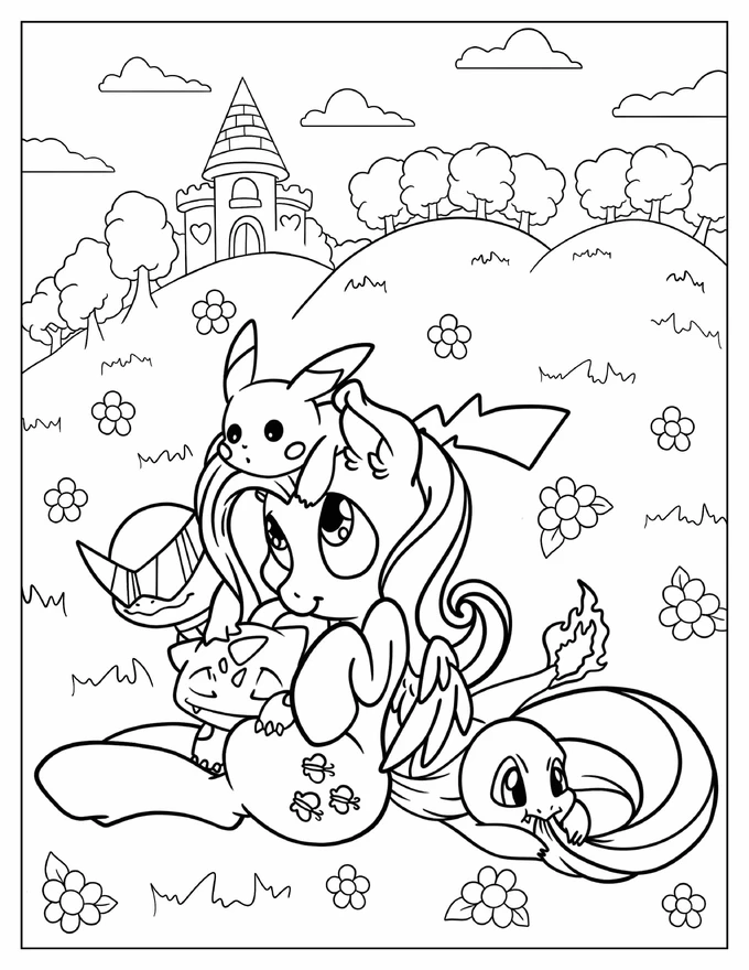 Fluttershy Playing With Pikachu, Charmander, And Bulbasaur Coloring Sheet