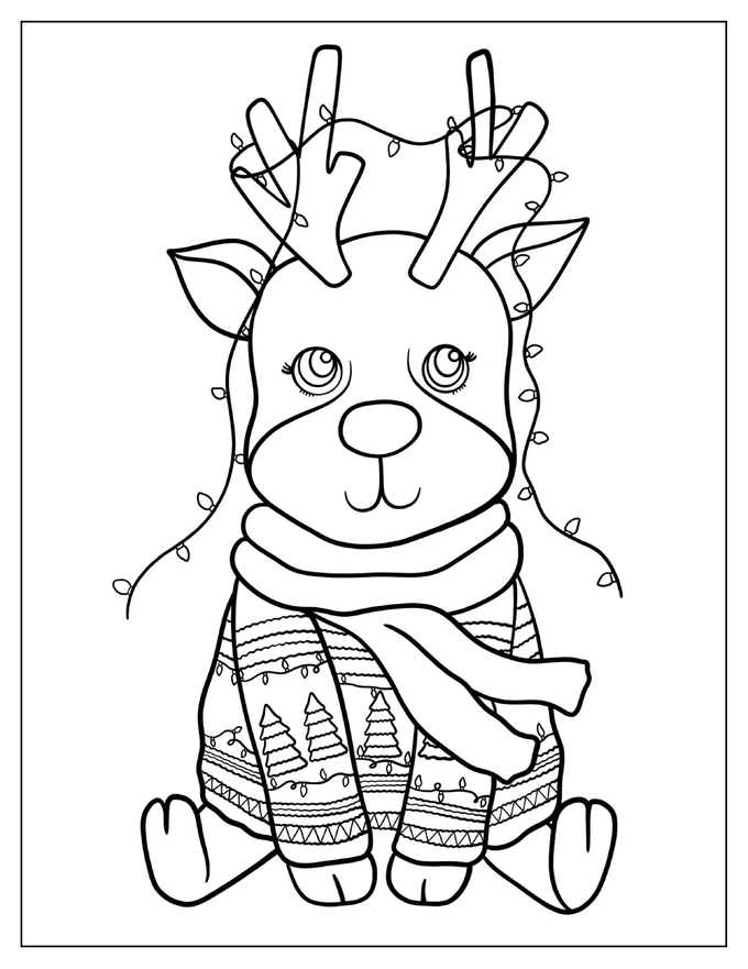 Baby Reindeer Wearing a Christmas Sweater To Color