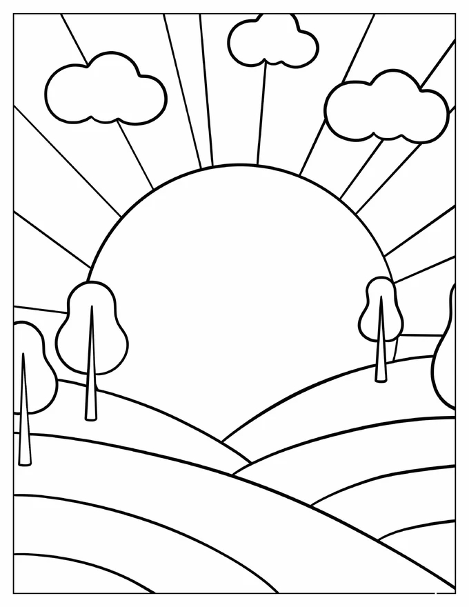 Sun Rising Over The Horizon Coloring Sheet For Kids