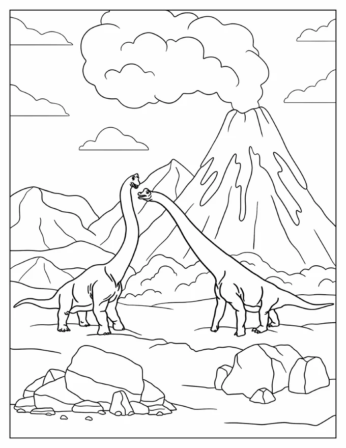 Two Brachiosaurus Fighting In Front Of Smoking Volcano