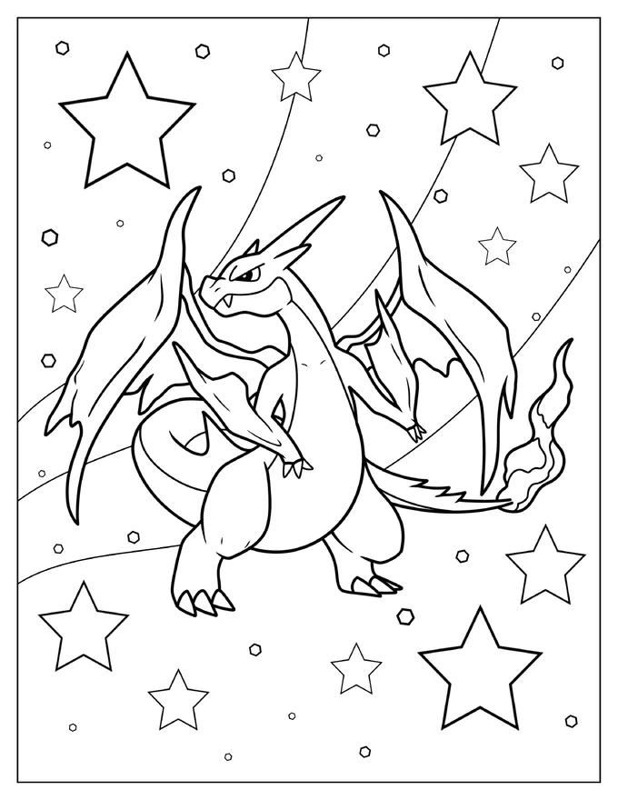 Mega Charizard Y Surrounded By Stars Coloring Sheet