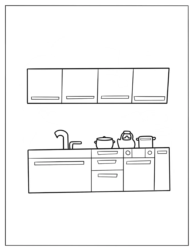 Simple Kitchen Cabinets With Stovetop Coloring Page For Kids