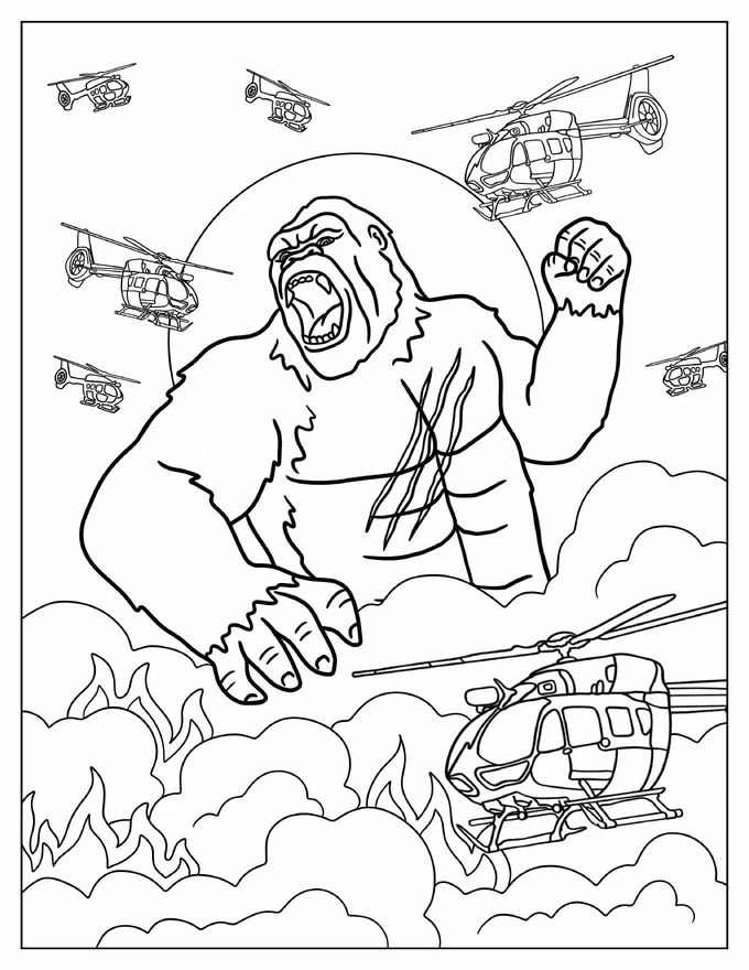 King Kong Fighting Helicopters Coloring Page