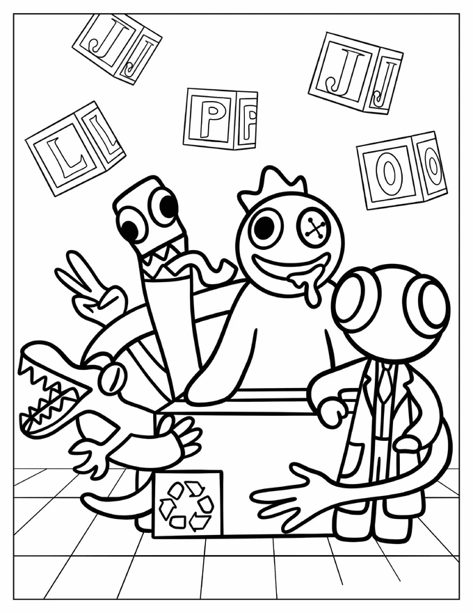 Cute Orange, Green, Blue, And Red Rainbow Friends Coloring Sheet