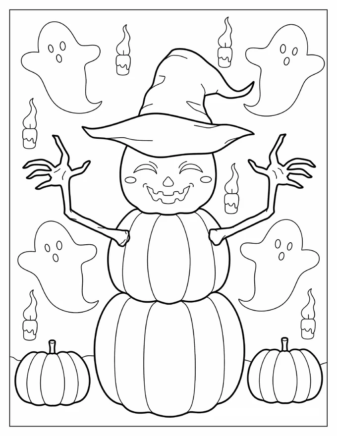 Pumpkin Snowman In Witch s Hat Fall Coloring Page