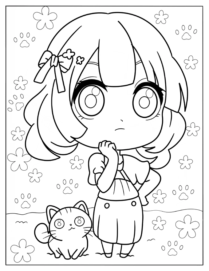 Curious Chibi Girl With Her Cat