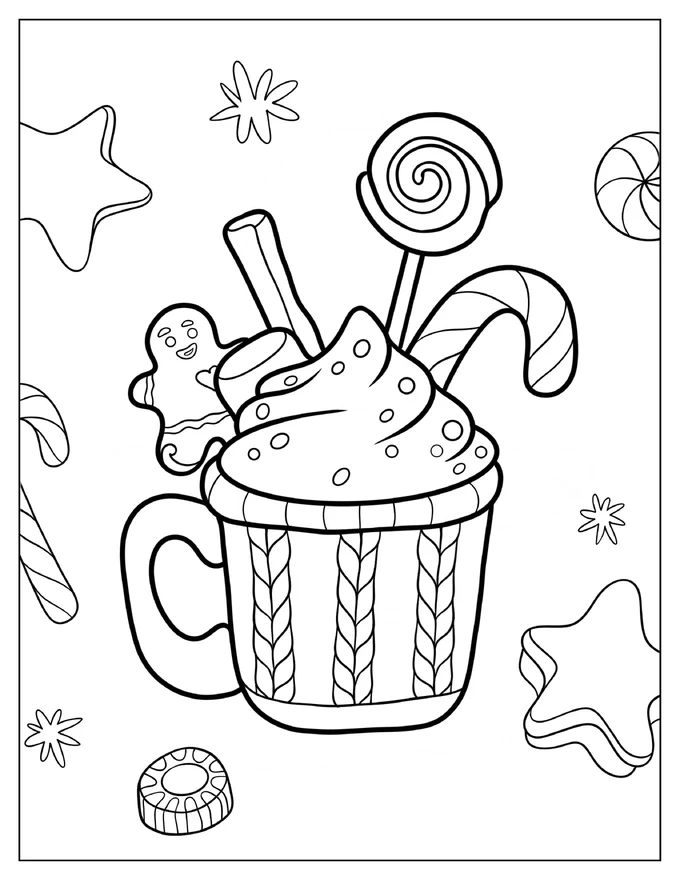 Festive Hot Chocolate Cup With Lollipop, Candy Cane, Cinnamon Stick, And Gingerbread Man