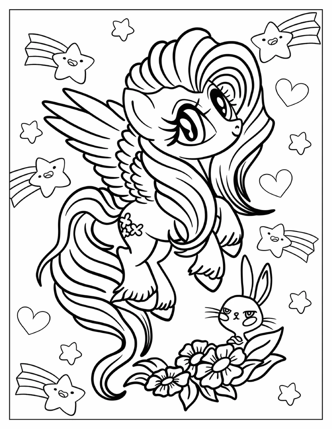 Fluttershy Flowing With Hearts And Shooting Stars Coloring Page