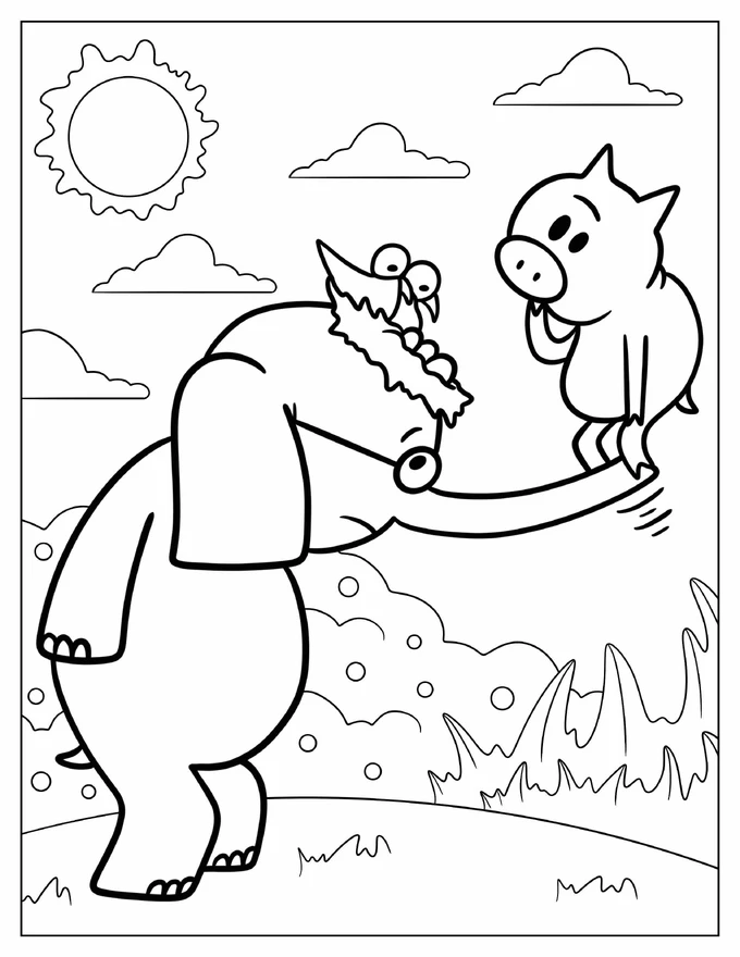 Elephant And Piggie Helping Out Birds Coloring Sheet For Kids