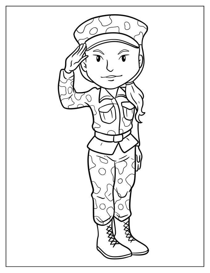 Chibi Female Soldier Saluting In Camouflage Uniform Coloring Sheet