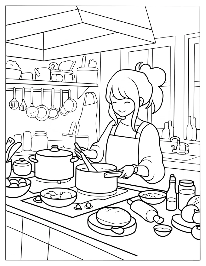 Woman Cooking In The Kitchen Coloring Page For Kids