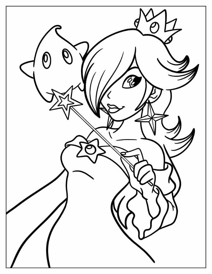 Rosalina Smiling While Holding Star Wand Coloring Sheet