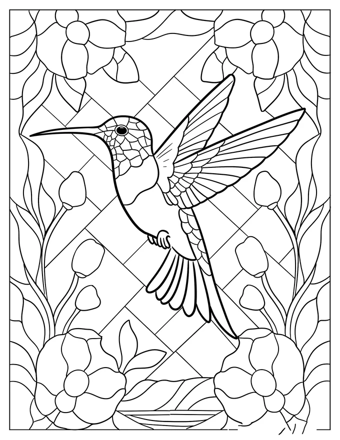 Intricate Hummingbird Surrounded By Flowers Stained Glass Coloring Page