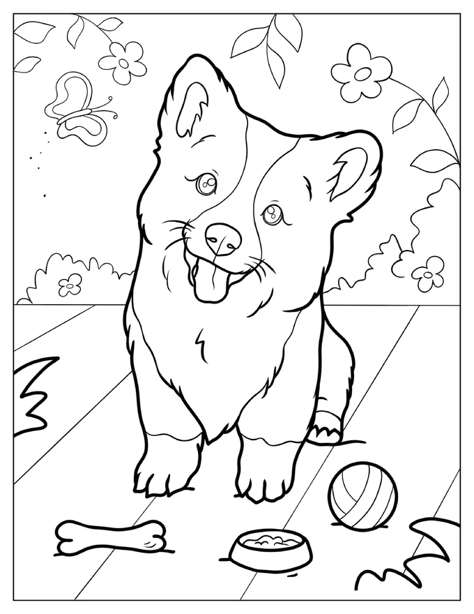 Realistic Corgi Smiling With Tongue Out Coloring Page