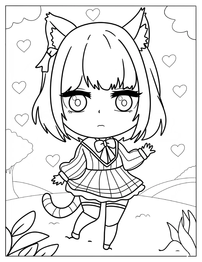 Serious Chibi Girl With Cat Ears And Tail Coloring Sheet