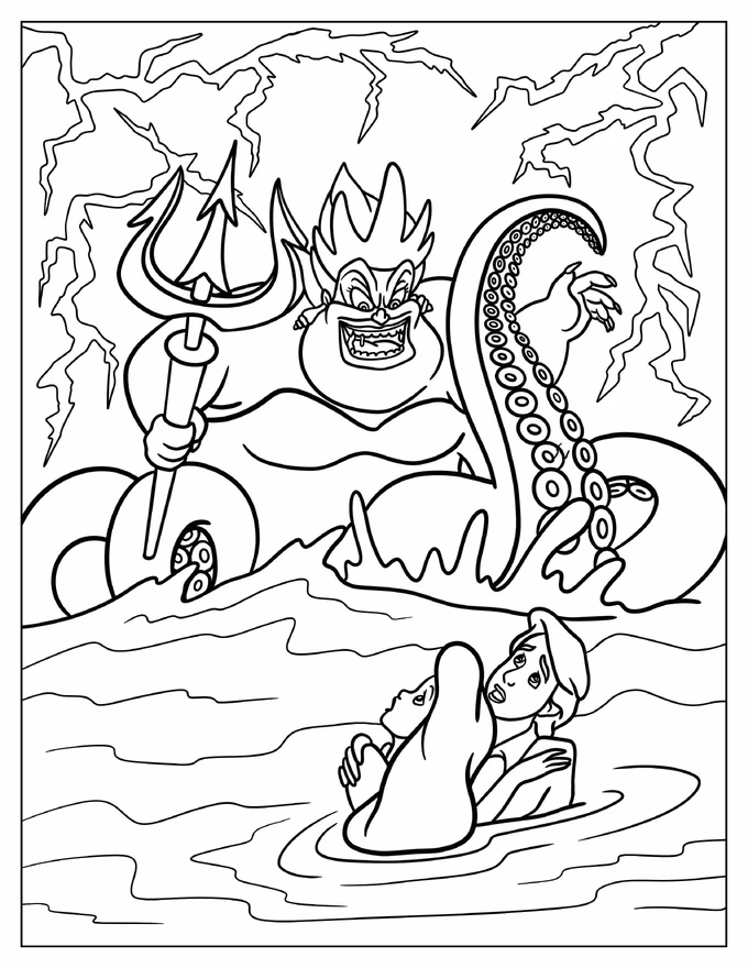 Ursula With Trident Scaring Ariel And Prince Eric Coloring Page