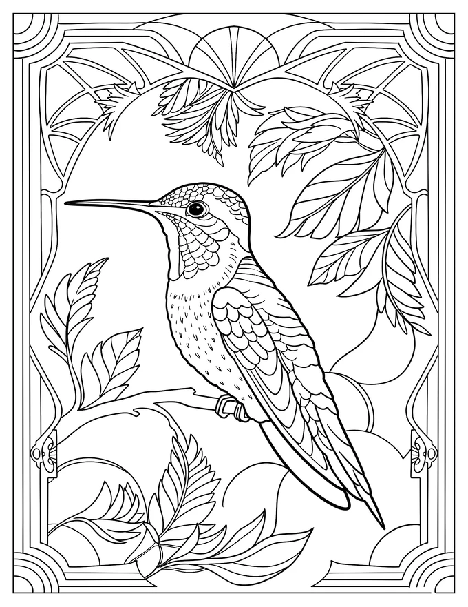 Detailed Hummingbird Stained Glass Coloring Page