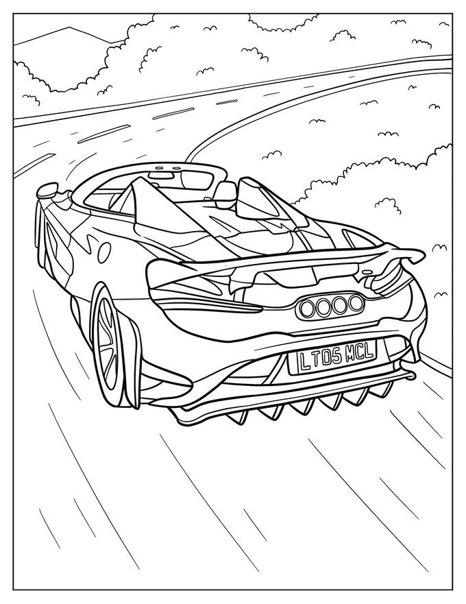 Realistic McLaren 765LT Speeding Coloring Page