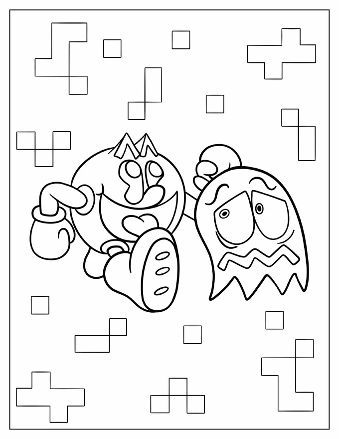 Pac-Man Running Towards Cyan Ghost Coloring Page