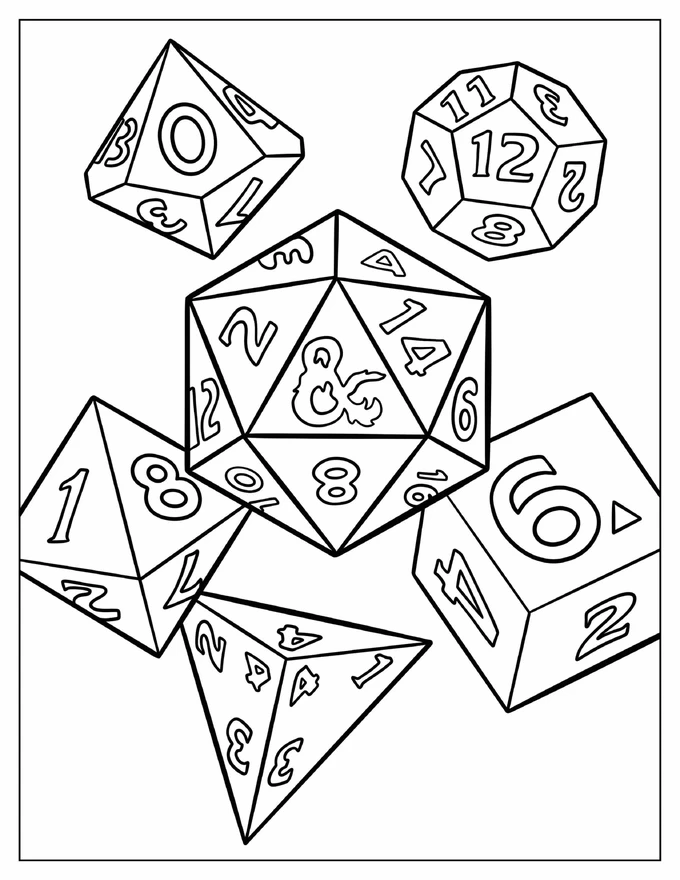 Simple Dungeons And Dragons Dice Set Coloring Sheet