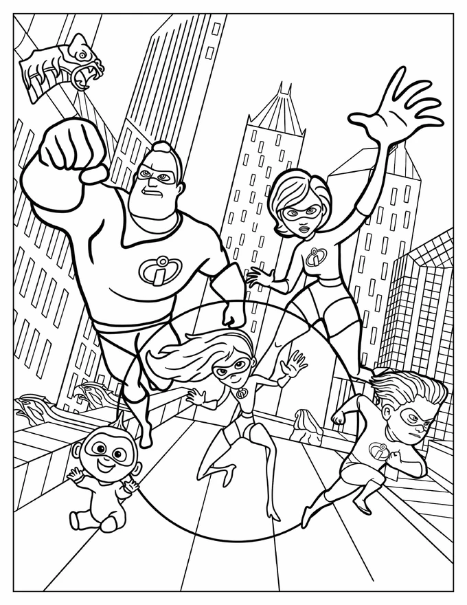 The Incredibles Family Fighting Coloring Sheet