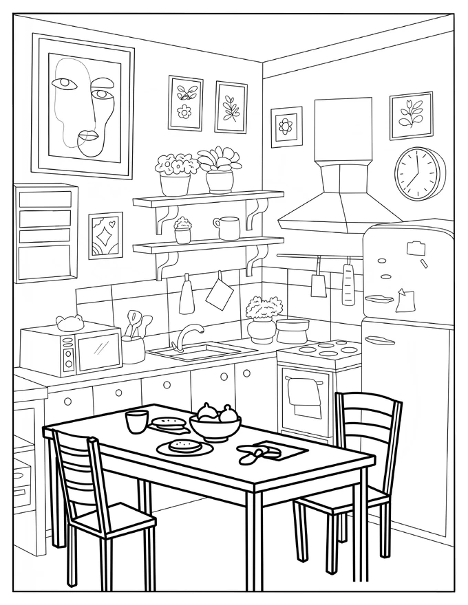 Modern Kitchen With Dining Table Coloring Page