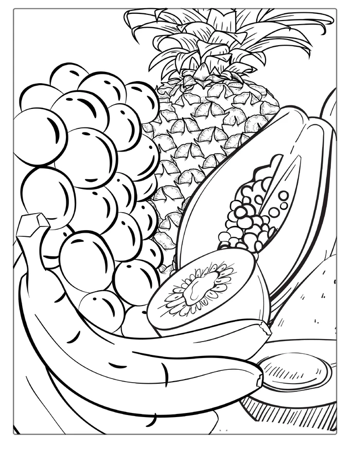 Coloring Page Of Mixed Fruits