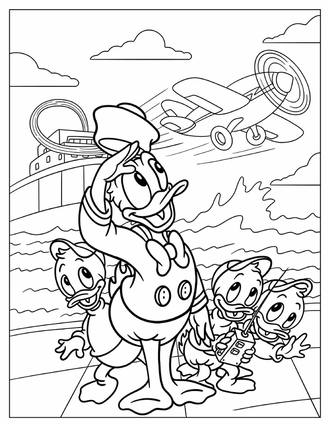 Donald Duck With Huey, Louie, And Dewey Watching An Airplane From DuckTales Coloring Page