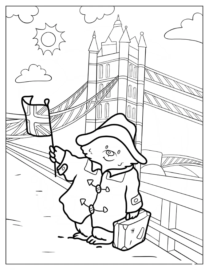 Cute Paddington Bear Waving The British Flag In Front Of London Bridge