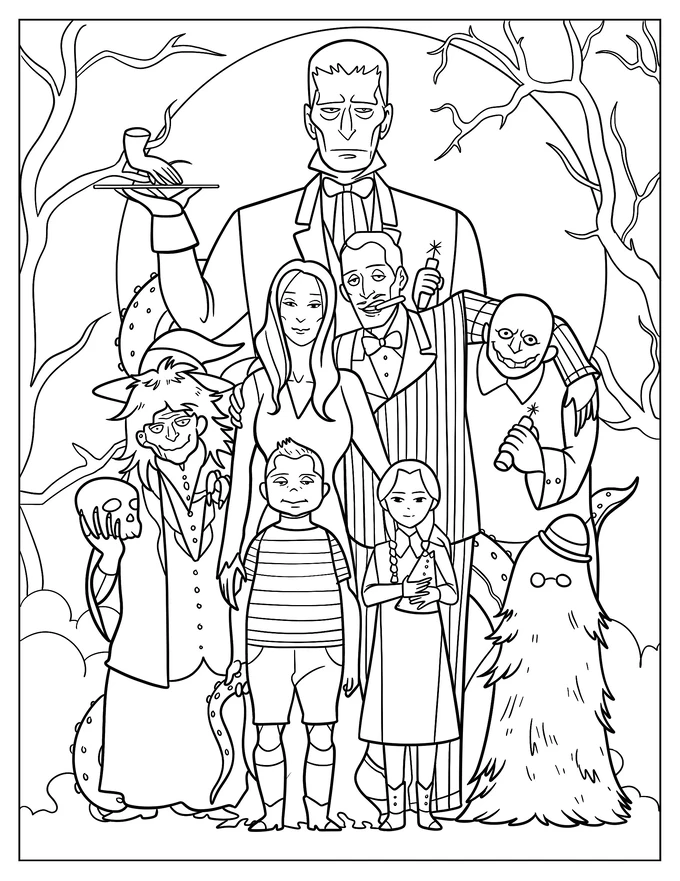 Cartoon Addams Family In The Cemetery Coloring Sheet For Kids