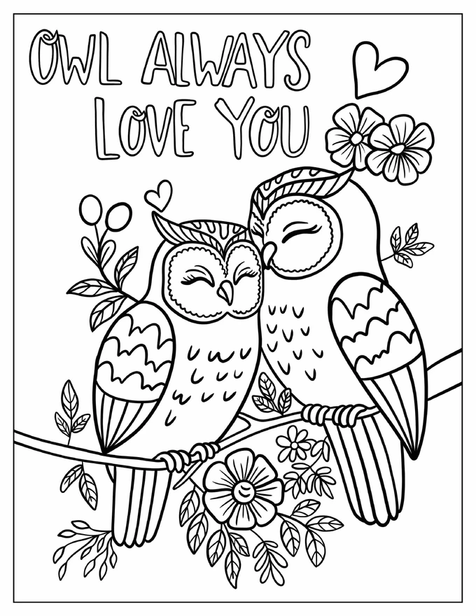 Owl Always Love You Words With Owls Cuddling Valentine s Day Coloring Page