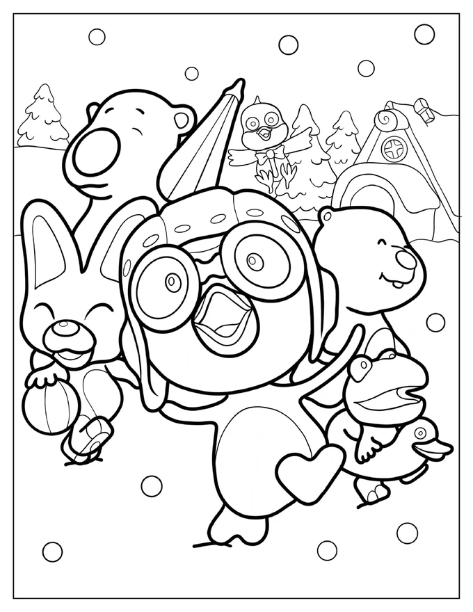 Pororo, Eddy, Poby, Loopy, And Crong Playing In The Snow Coloring Page