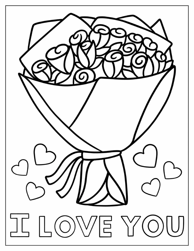 Easy Rose Bouquet I Love You Coloring Page For Kids