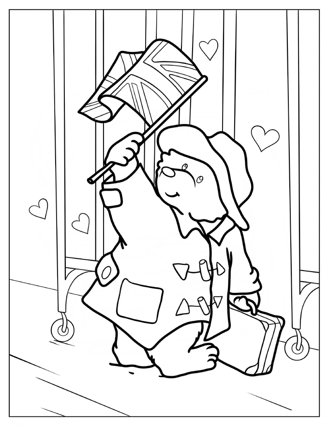 Simple Paddington Waving The British Flag While Walking Coloring Sheet