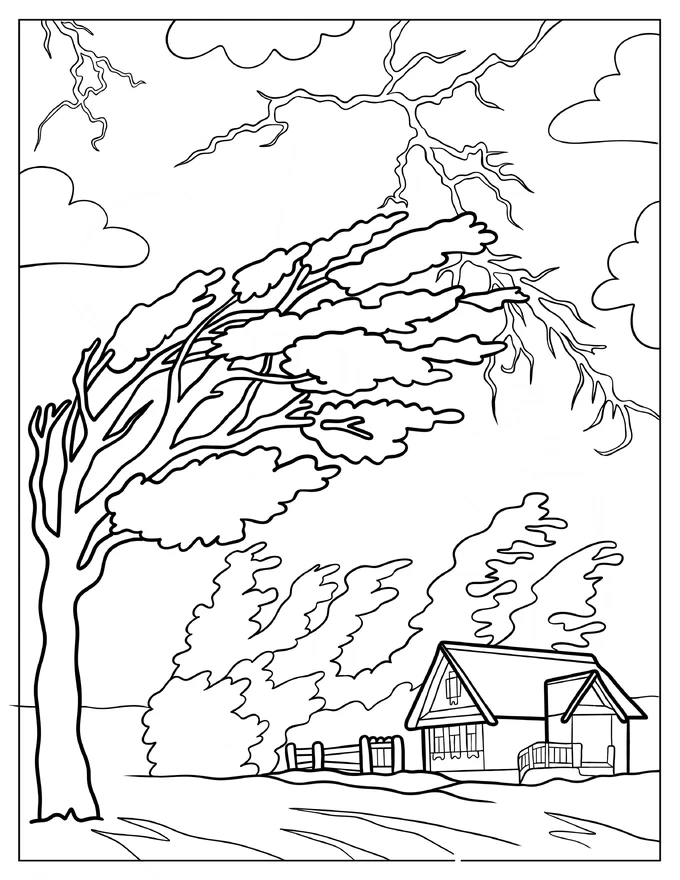 Tornado Blowing On Trees And House Coloring Page