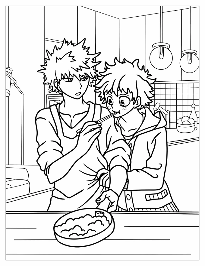 Cute Bakugo Feeding Deku Coloring Sheet