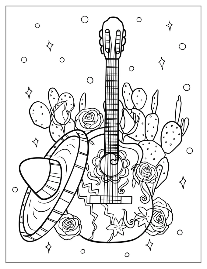 Cindo De Mayo Sombrero, Guitar, And Cacti Coloring Sheet